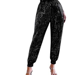 Black Sequin Jogger Pants with Elastic Waist